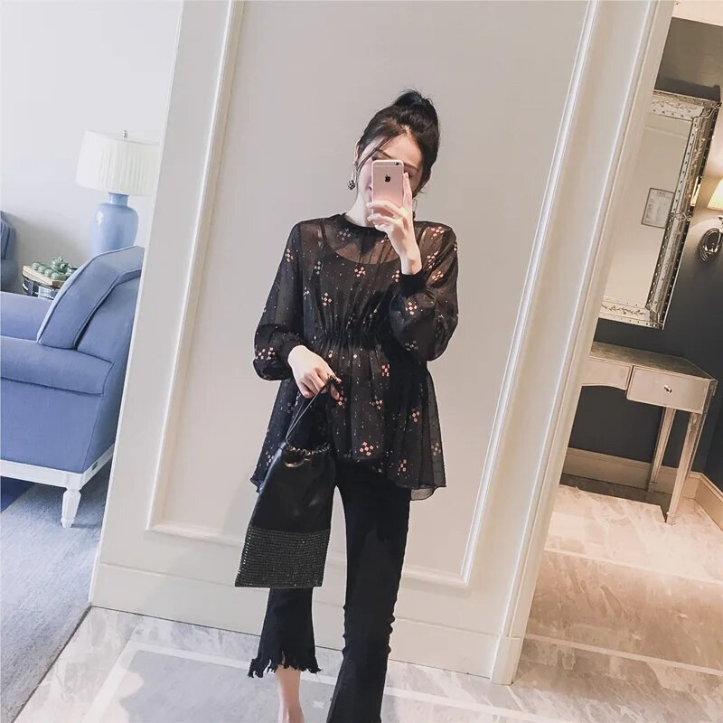 2018-as új tavaszi virágmintás A-vonalú felsők terhes nőknek, kismama ruházat, lekerekített nyakú kismama babaing