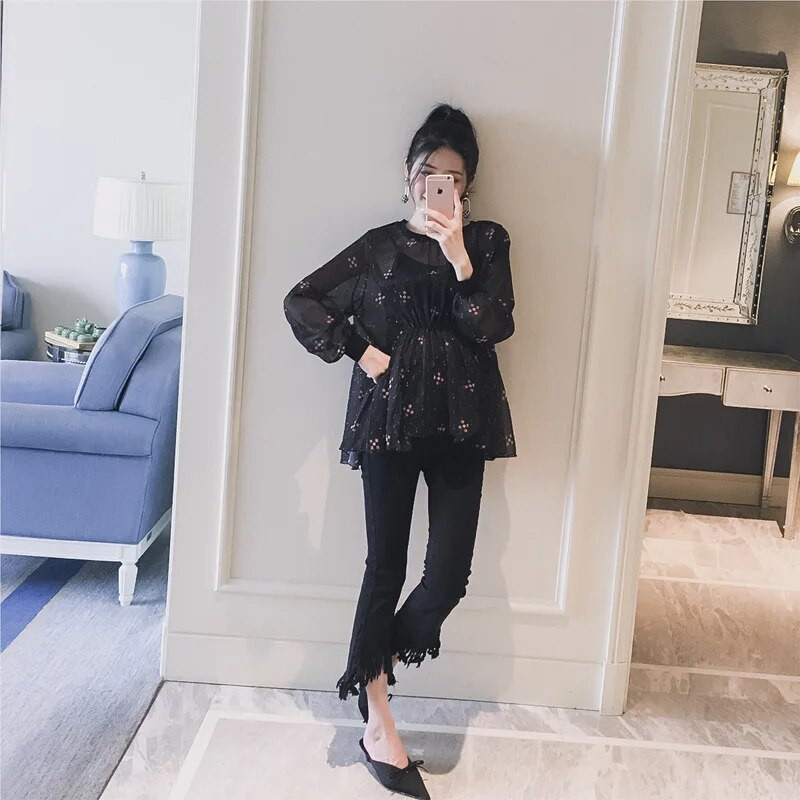 2018-as új tavaszi virágmintás A-vonalú felsők terhes nőknek, kismama ruházat, lekerekített nyakú kismama babaing