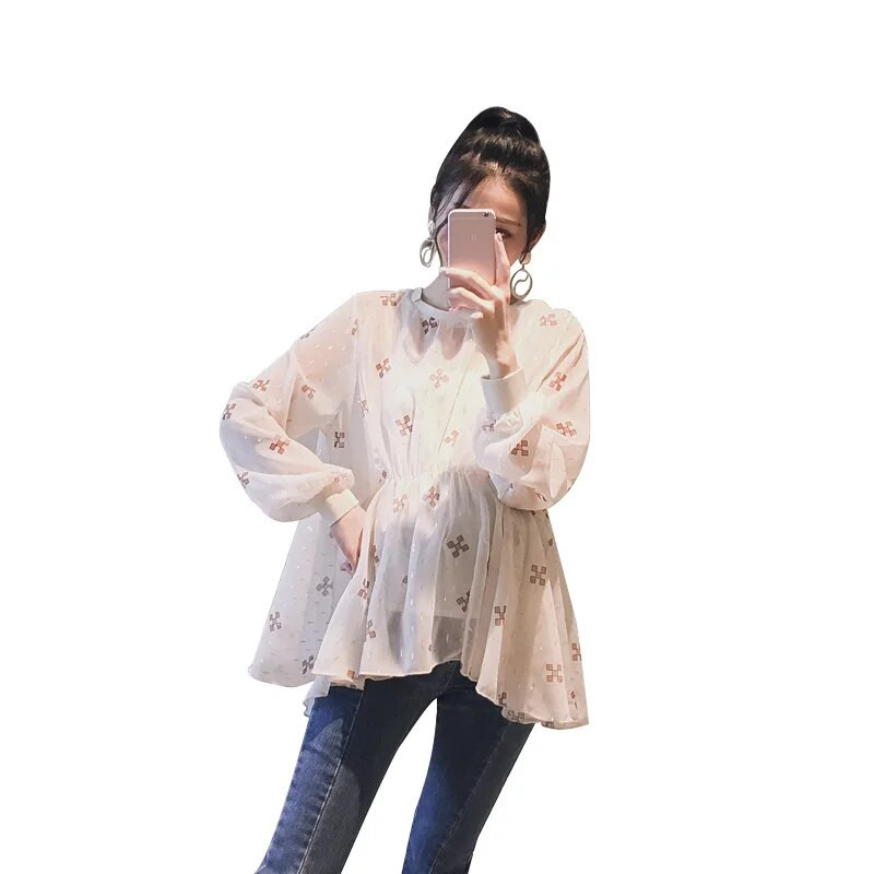 2018-as új tavaszi virágmintás A-vonalú felsők terhes nőknek, kismama ruházat, lekerekített nyakú kismama babaing