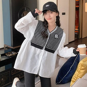 Proljetna trudnička odjeća za 2023. u korejskom stilu, dugih rukava, prugasta patchwork dugmad, majice za trudnice, slatke bluze za trudnice