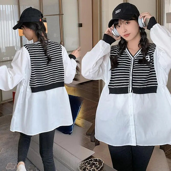 Ανοιξιάτικα ρούχα εγκυμοσύνης 2023 Κορεάτικο στυλ με μακρυμάνικο ριγέ συνονθύλευμα με κουμπιά Fly Pregnant Woman πουκάμισα Μπλούζες εγκυμοσύνης χαριτωμένα