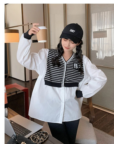 Proljetna trudnička odjeća za 2023. u korejskom stilu, dugih rukava, prugasta patchwork dugmad, majice za trudnice, slatke bluze za trudnice