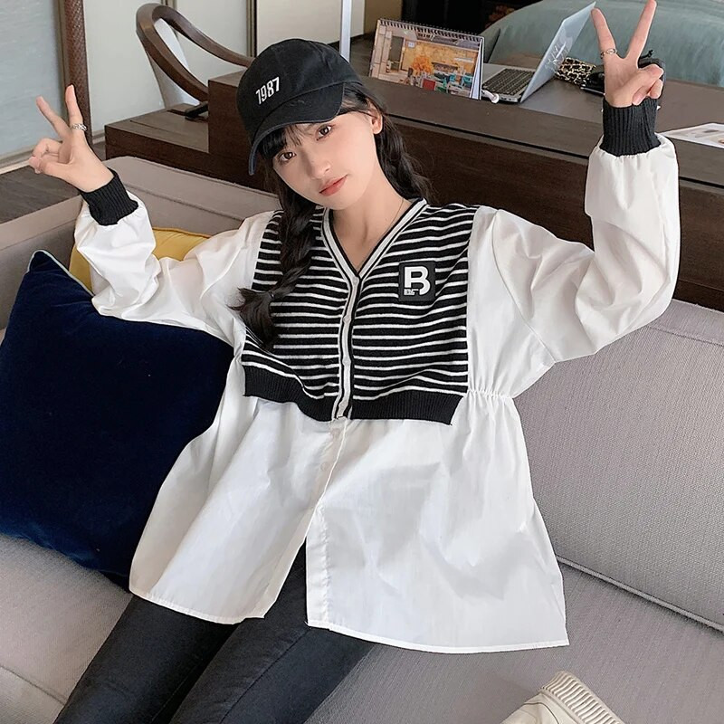 Proljetna trudnička odjeća za 2023. u korejskom stilu, dugih rukava, prugasta patchwork dugmad, majice za trudnice, slatke bluze za trudnice
