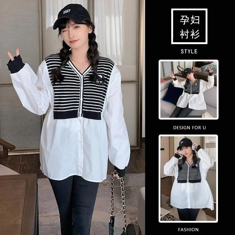 Proljetna trudnička odjeća za 2023. u korejskom stilu, dugih rukava, prugasta patchwork dugmad, majice za trudnice, slatke bluze za trudnice
