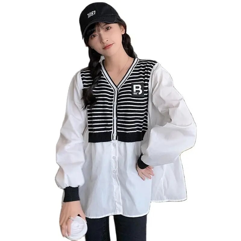 Proljetna trudnička odjeća za 2023. u korejskom stilu, dugih rukava, prugasta patchwork dugmad, majice za trudnice, slatke bluze za trudnice