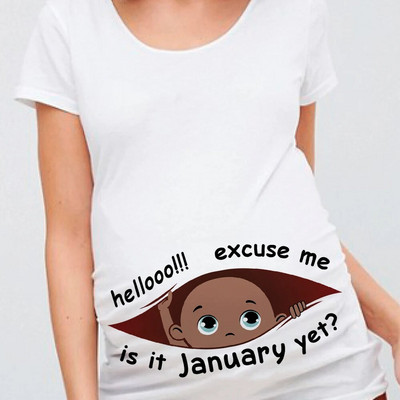 Oprostite, još je siječanj, 12 mjeseci, ljetna majica za trudnice, smiješne trudničke majice, ženske majice, crne majice s printom za bebe, gornji dijelovi odjeće za trudnice