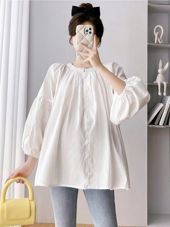 CARECODE Памучни ленени блузи за бременни Пролетни ежедневни горнища с дълъг ръкав Свободни големи размери Ризи за бременни Дрехи за бременни жени