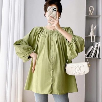 CARECODE Kokvilnas lina grūtnieču blūzes pavasara ikdienas topi ar garām piedurknēm brīvi liela izmēra krekli grūtniecēm grūtniecēm Apģērbs