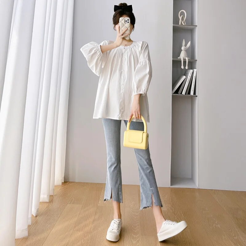 CARECODE Kokvilnas lina grūtnieču blūzes pavasara ikdienas topi ar garām piedurknēm brīvi liela izmēra krekli grūtniecēm grūtniecēm Apģērbs