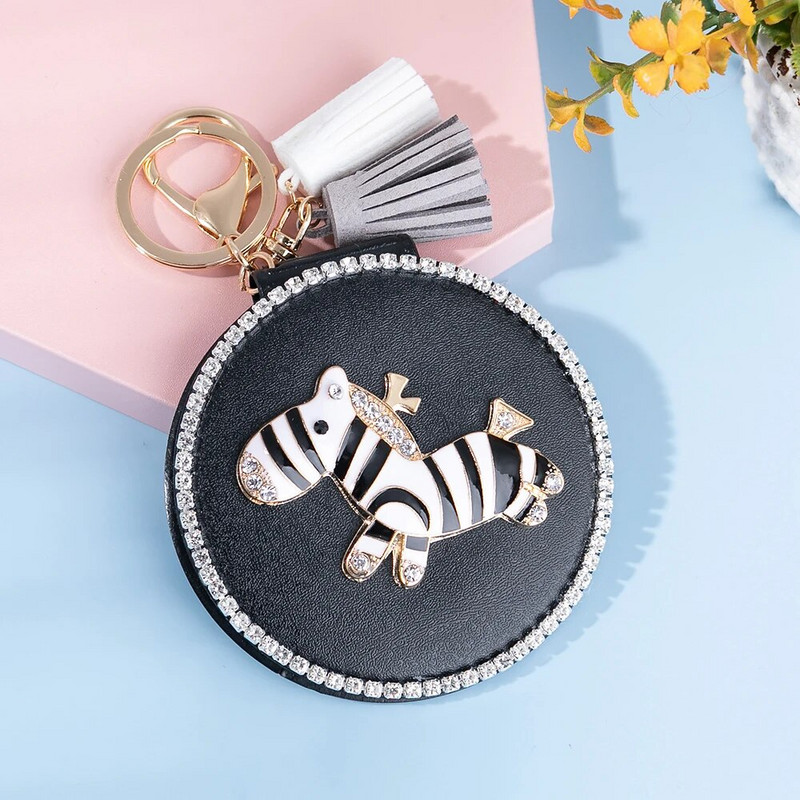 Mini džepno kozmetičko ogledalo za šminkanje od modne PU kože, sklopivi dizajn crtane zebre, božićni darovi za djevojčice, privjesak za ključeve
