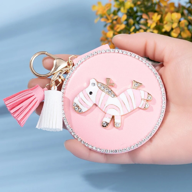 Mini džepno kozmetičko ogledalo za šminkanje od modne PU kože, sklopivi dizajn crtane zebre, božićni darovi za djevojčice, privjesak za ključeve