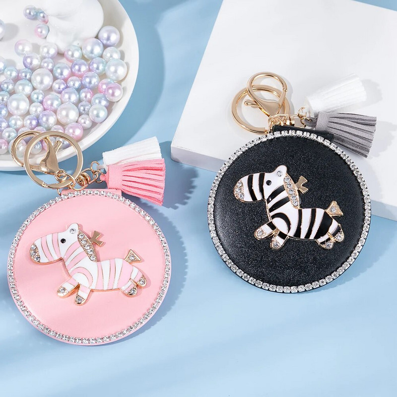Mini džepno kozmetičko ogledalo za šminkanje od modne PU kože, sklopivi dizajn crtane zebre, božićni darovi za djevojčice, privjesak za ključeve