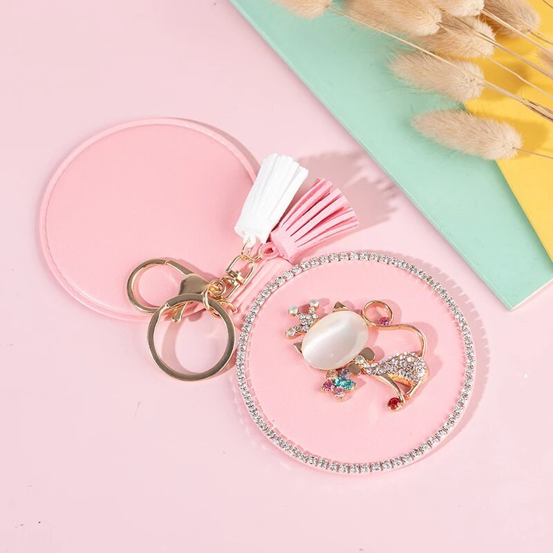 Mini džepno kozmetičko ogledalo za šminkanje od modne PU kože, dvostrano sklopivo, slatka opalna lisica, božićni darovi, ženski privjesak za ključeve