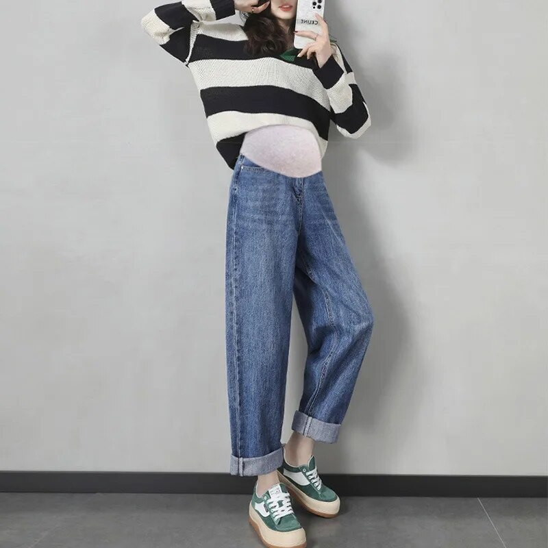 Vintgae Washed Maternity Jeans Elastic Waist Belly Loose Denim Pants Trudnička odjeća za trudnice Hlače visokog struka