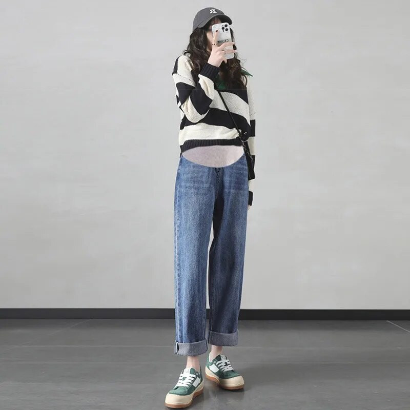 Vintgae Washed Maternity Jeans Elastic Waist Belly Loose Denim Pants Trudnička odjeća za trudnice Hlače visokog struka