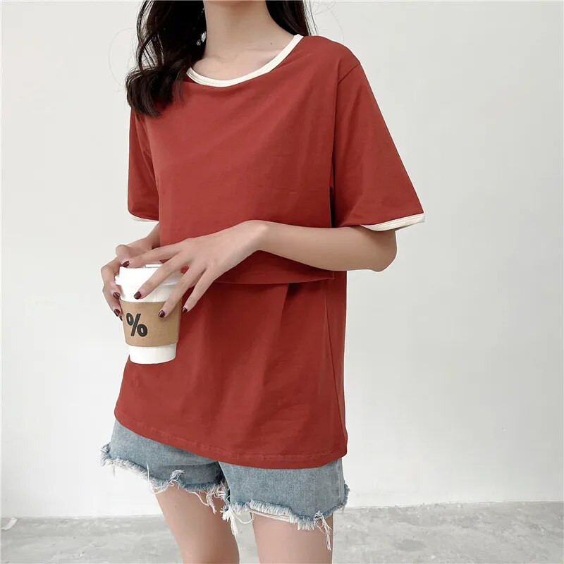 Ljetna odjeća za dojenje Majica kratkih rukava za trudnice Jednobojna široka ležerna odjeća za trudnice 2209