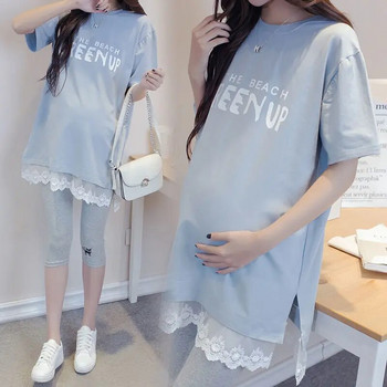 Καλοκαιρινό Φθινόπωρο Εγκυμοσύνη Μπλουζάκι Εγκυμοσύνης Γυναικείο Casual Loose Baby Print Ρούχα εγκυμοσύνης Δαντελένιο μπλουζάκι συν μέγεθος M-3XL