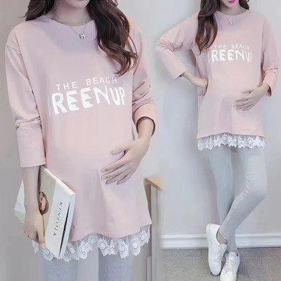 Nyári őszi kismama felső terhes póló női alkalmi laza babamintás terhes ruhák csipke póló nagy méretű M-3XL