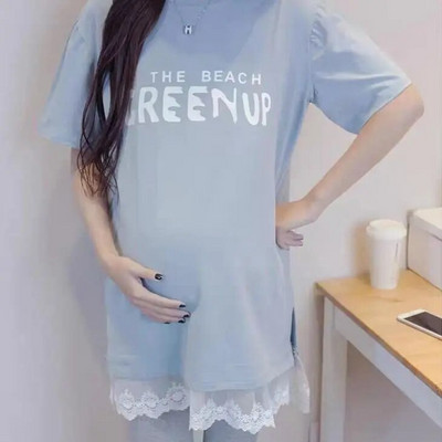 Nyári őszi kismama felső terhes póló női alkalmi laza babamintás terhes ruhák csipke póló nagy méretű M-3XL