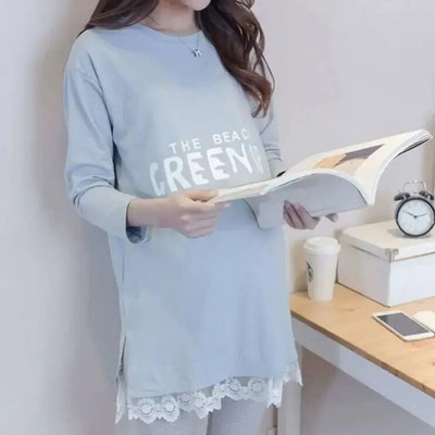 Nyári őszi kismama felső terhes póló női alkalmi laza babamintás terhes ruhák csipke póló nagy méretű M-3XL