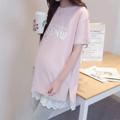 Nyári őszi kismama felső terhes póló női alkalmi laza babamintás terhes ruhák csipke póló nagy méretű M-3XL