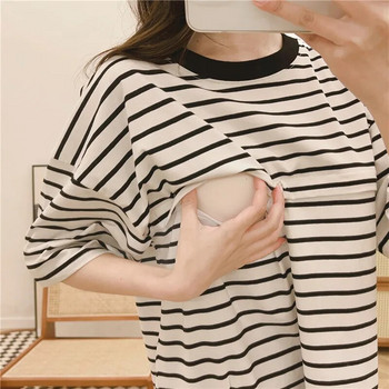 Μαύρο και άσπρο ριγέ κοντομάνικο μπλουζάκι για τη σίτιση Καλοκαιρινά ρούχα εγκύων Ρούχα θηλασμού μετά τον τοκετό 9252