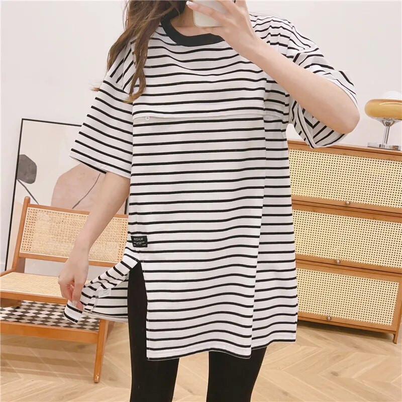 Melnbalts svītrains T-krekls ar īsām piedurknēm barošanai vasarā grūtniecēm Apģērbs pēcdzemdību zīdīšanas apģērbs 9252