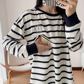 Slaugos viršūnės, maitinančios krūtimi O formos iškirptės plačios juostelės ilgomis rankovėmis, pavasario dėvėjimas krūtimi maitinantys marškinėliai nėščioms moterims Motinystės 6076B