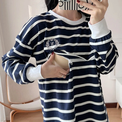 Slaugos viršūnės, maitinančios krūtimi O formos iškirptės plačios juostelės ilgomis rankovėmis, pavasario dėvėjimas krūtimi maitinantys marškinėliai nėščioms moterims Motinystės 6076B