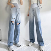 Pavasara platas, vaļīgas džinsa auduma pilni garie džinsi grūtniecēm ar caurumu elastīgu vidukli vēdera taisnās bikses grūtniecēm