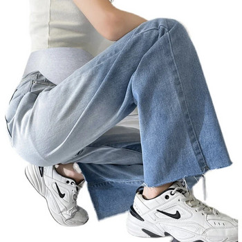 Άνοιξη Wide Leg Loose τζιν εγκυμοσύνης ολόσωμο τζιν με τρύπα ελαστική μέση ίσιο παντελόνι για έγκυες γυναίκες