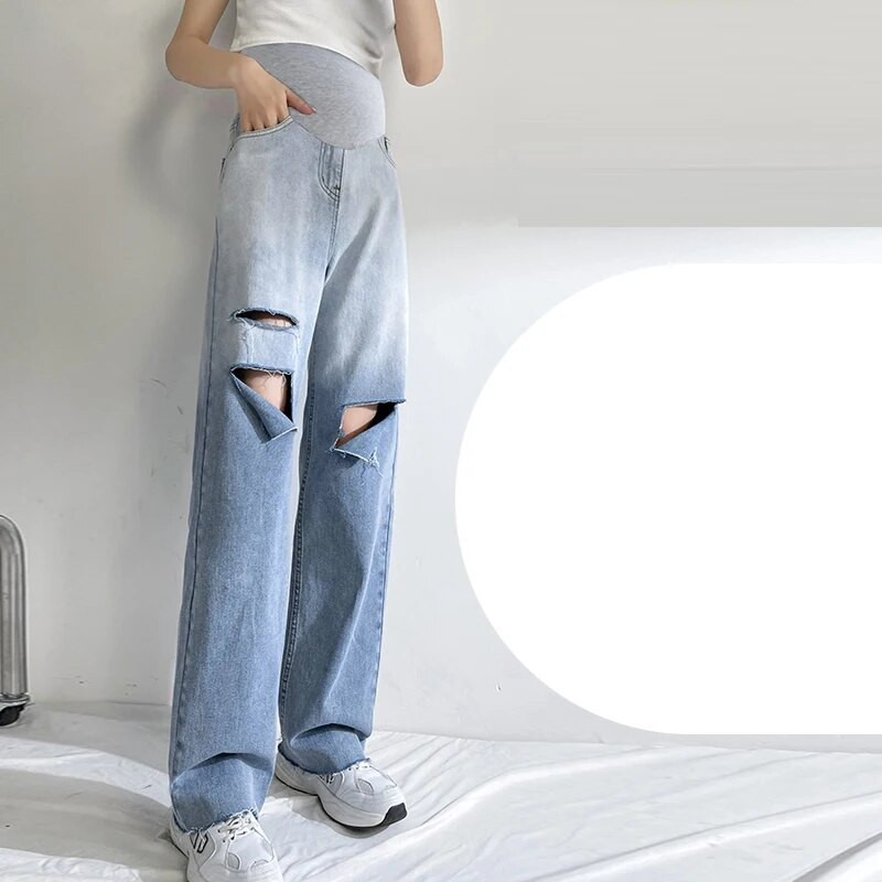 Pavasara platas, vaļīgas džinsa auduma pilni garie džinsi grūtniecēm ar caurumu elastīgu vidukli vēdera taisnās bikses grūtniecēm