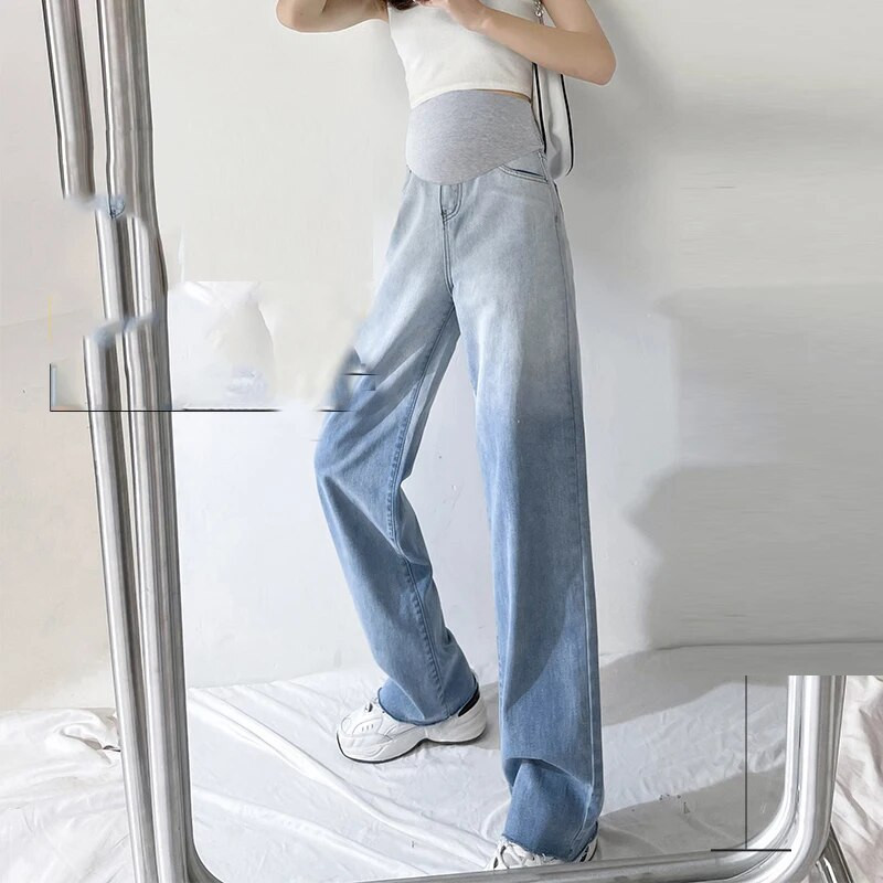 Pavasara platas, vaļīgas džinsa auduma pilni garie džinsi grūtniecēm ar caurumu elastīgu vidukli vēdera taisnās bikses grūtniecēm