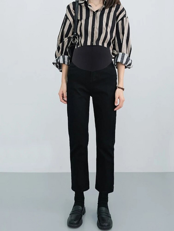 Grūtnieču džinsi grūtniecēm Vēdera bikses Grūtniecības Apģērbs Pavasaris Rudens Elastīgs Viduklis Džinsu Bikses Melnas Zilas