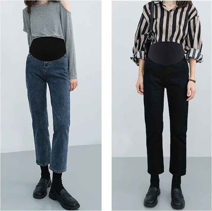 Grūtnieču džinsi grūtniecēm Vēdera bikses Grūtniecības Apģērbs Pavasaris Rudens Elastīgs Viduklis Džinsu Bikses Melnas Zilas