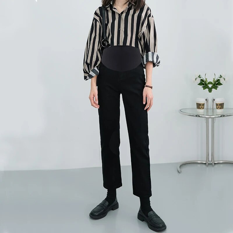 Grūtnieču džinsi grūtniecēm Vēdera bikses Grūtniecības Apģērbs Pavasaris Rudens Elastīgs Viduklis Džinsu Bikses Melnas Zilas