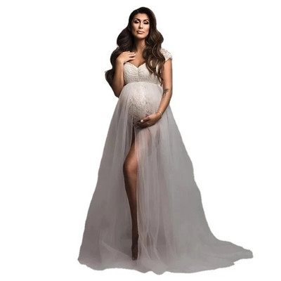 Γυναικεία φωτογραφία μητρότητας με κοντό μανίκι σέξι έγκυο μακρύ μάξι φόρεμα