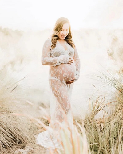 Σέξι φόρεμα εγκυμοσύνης με βαθύ V λαιμόκοψη για φωτογραφία Φόρεμα ντους μωρού με λουλουδάτο μακρυμάνικο δαντελένιο φόρεμα μάξι για έγκυο