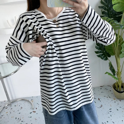 Csíkos kismama hosszú ujjú felső szoptatós póló terhes nőknek tavaszi őszi kismama ruházat 8561