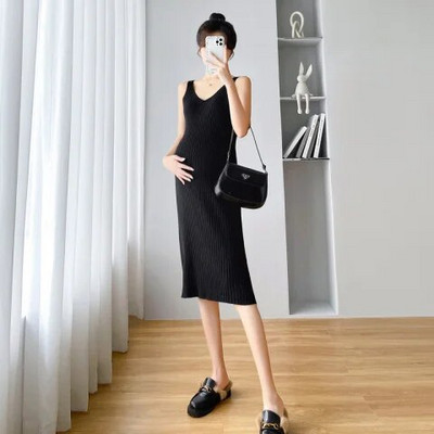 Pletena haljina za trudnice jesen-zima, bez rukava, plisirana haljina s V-izrezom, elegantne pencil haljine za trudnice, rastegnute crno-ružičaste