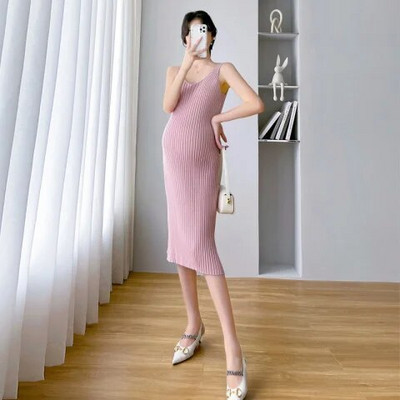 Pletena haljina za trudnice jesen-zima, bez rukava, plisirana haljina s V-izrezom, elegantne pencil haljine za trudnice, rastegnute crno-ružičaste