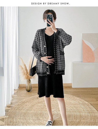 Pletena haljina za trudnice jesen-zima, bez rukava, plisirana haljina s V-izrezom, elegantne pencil haljine za trudnice, rastegnute crno-ružičaste