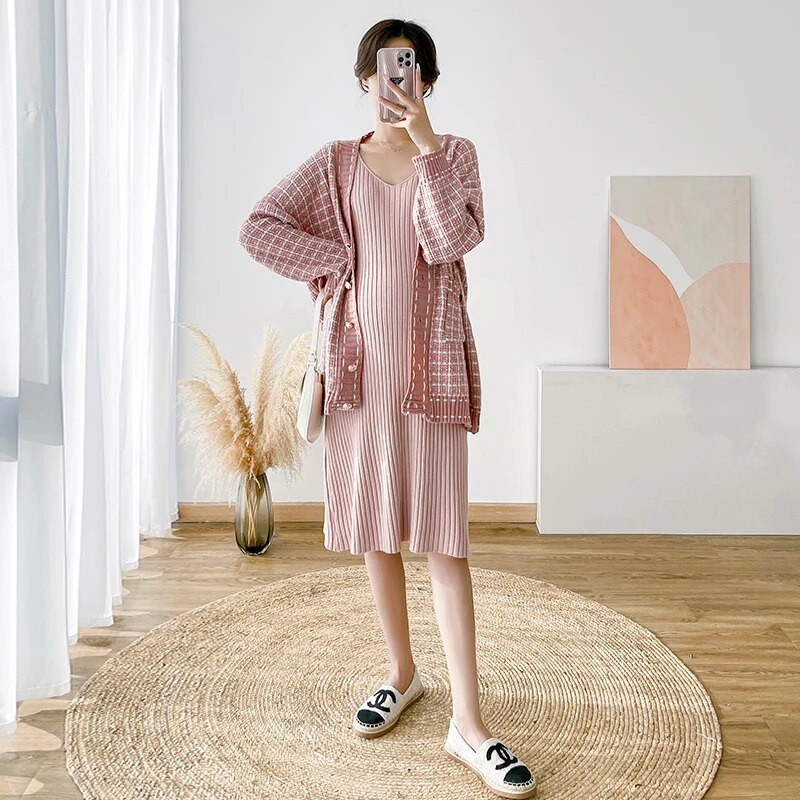 Pletena haljina za trudnice jesen-zima, bez rukava, plisirana haljina s V-izrezom, elegantne pencil haljine za trudnice, rastegnute crno-ružičaste