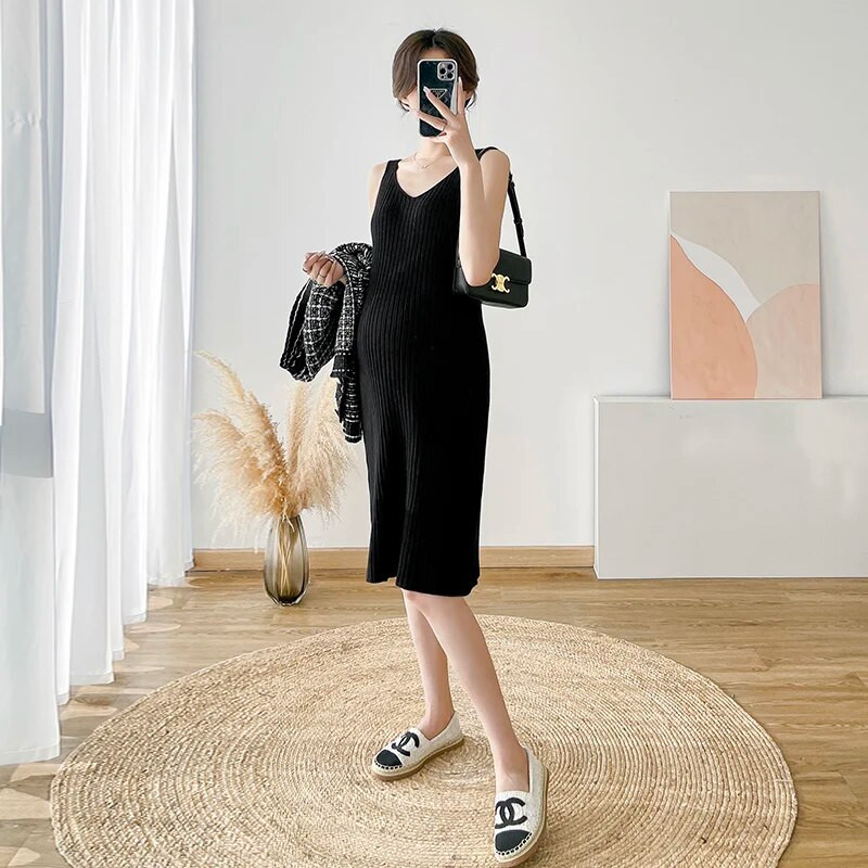 Pletena haljina za trudnice jesen-zima, bez rukava, plisirana haljina s V-izrezom, elegantne pencil haljine za trudnice, rastegnute crno-ružičaste