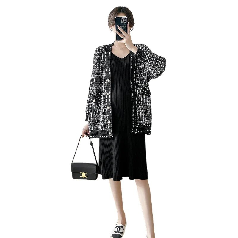 Pletena haljina za trudnice jesen-zima, bez rukava, plisirana haljina s V-izrezom, elegantne pencil haljine za trudnice, rastegnute crno-ružičaste