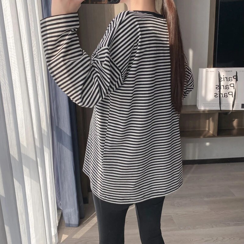 Majica dugih rukava za dojenje sa srednjim prugama s otisnutim smajlićem, široka, slobodno vrijeme, proljeće za trudnice, dugih rukava 8595