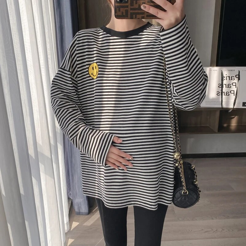 Majica dugih rukava za dojenje sa srednjim prugama s otisnutim smajlićem, široka, slobodno vrijeme, proljeće za trudnice, dugih rukava 8595