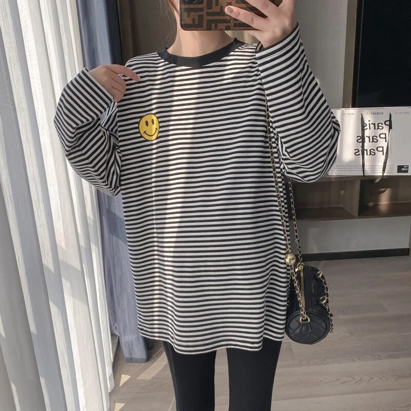 Majica dugih rukava za dojenje sa srednjim prugama s otisnutim smajlićem, široka, slobodno vrijeme, proljeće za trudnice, dugih rukava 8595