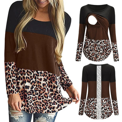 Női blúz kismama női hosszú ujjú leopárdmintás szoptató felsők póló Szoptató anya terhes alkalmi blúz ingek