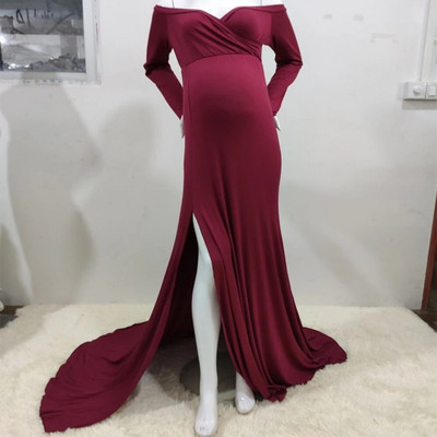 Σέξι φορέματα εγκυμοσύνης χωρίς ώμους για φωτογράφιση μάξι φόρεμα σε σπαστές πλευρές έγκυες γυναίκες Φόρεμα μακράς εγκυμοσύνης